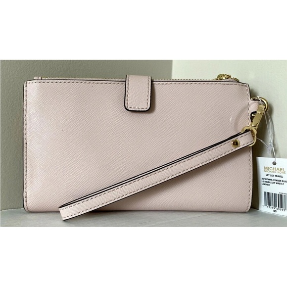 New Michael Kors Jet Set Travel Double zip wristlet wallet Leather Powder Blush - Picture 3 of 5